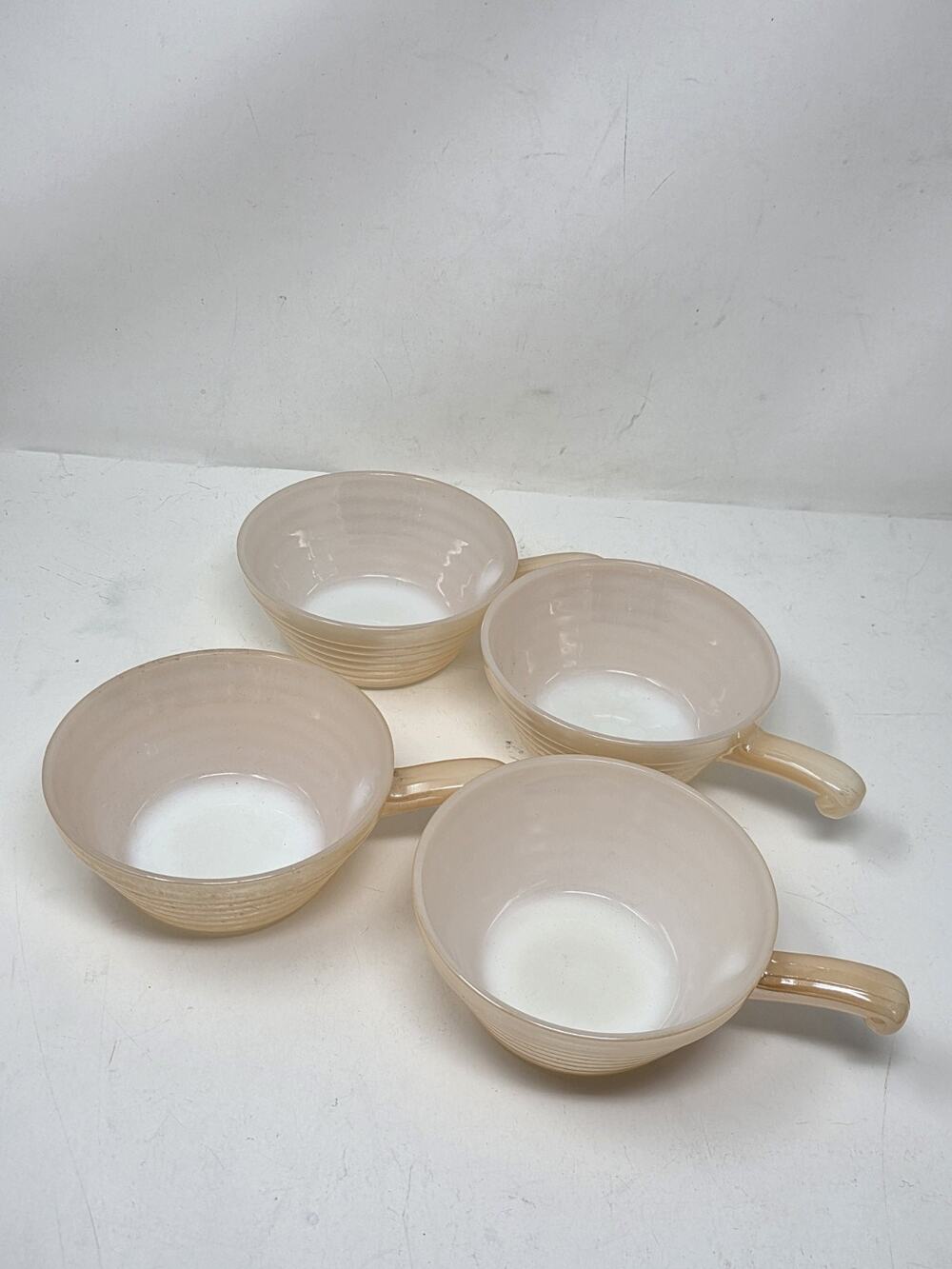 Vintage Fire King Soup Cereal Bowl W Handle Peach Luster Beehive Set Of 4